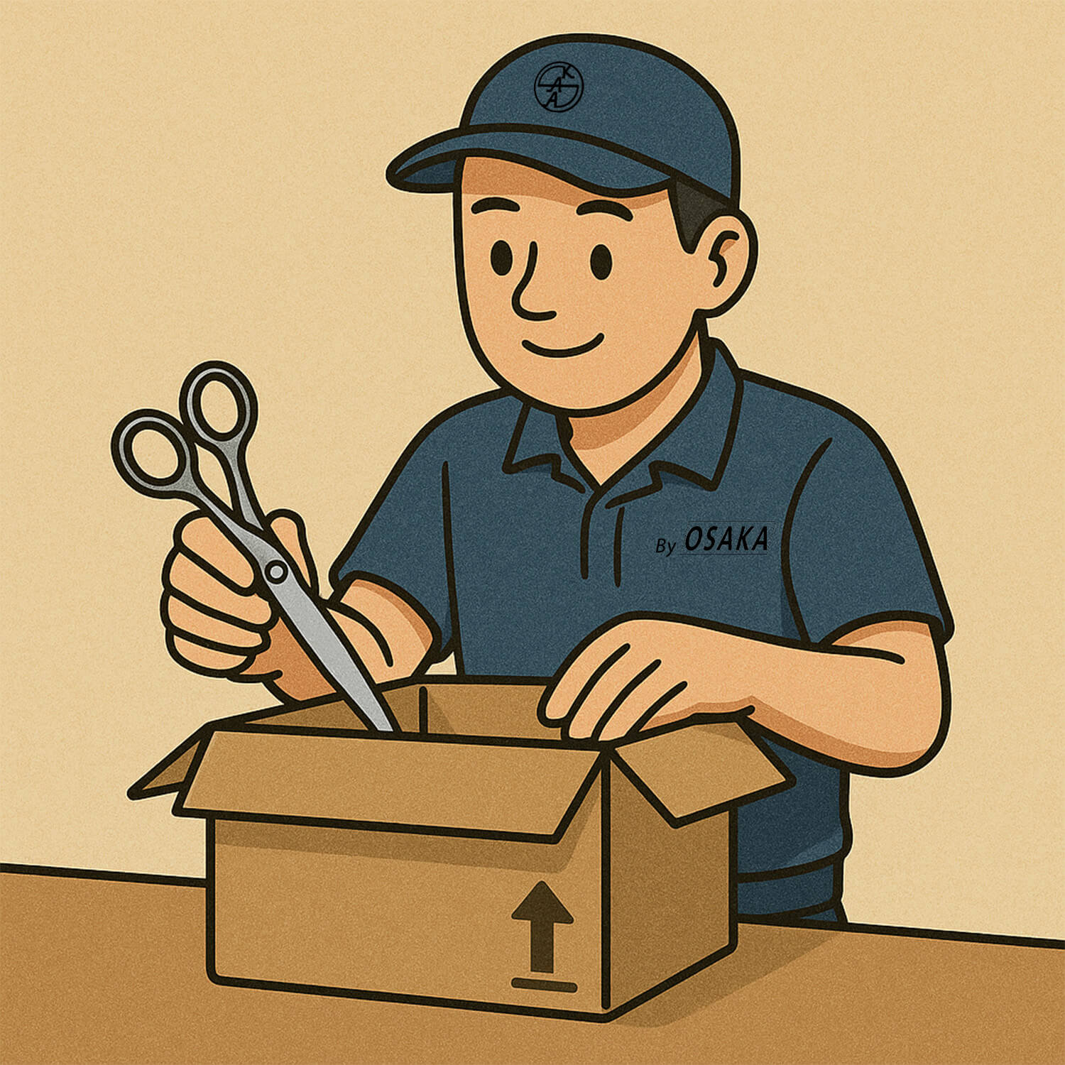 Dessin montrant l'expédition des ciseaux affûtés vers le coiffeur