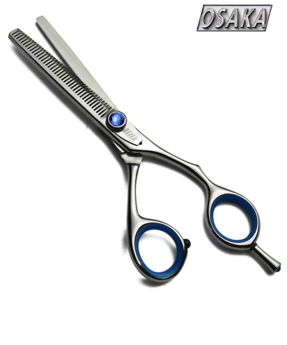 Ciseaux sculpteurs professionnels OSAKA A7 – 40 dents régulières, vis décorative bleue, manche ergonomique en acier poli avec anneaux confort