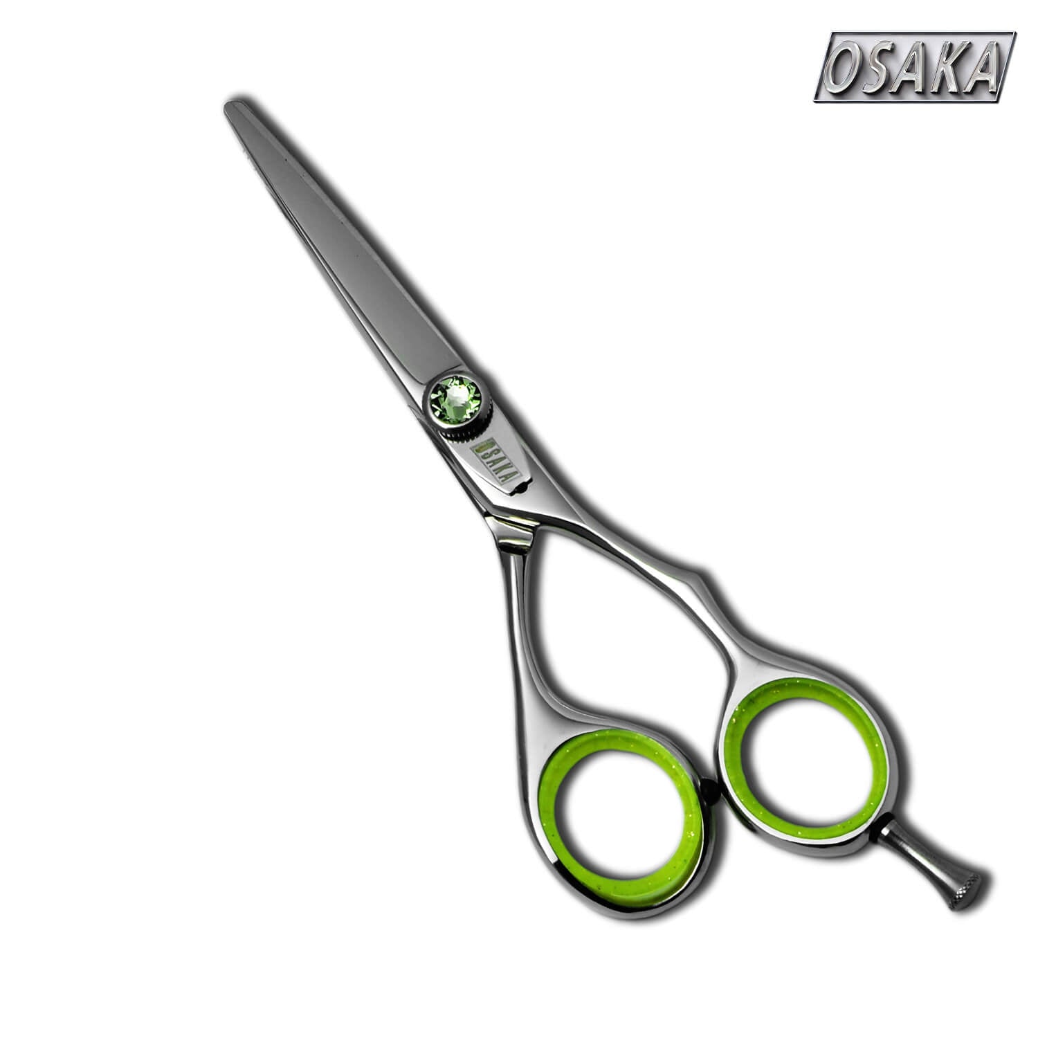 ciseaux osaka a7 avec vis verte, lame fine faite pour la précision de coupe et le piquetage en salon de coiffure.