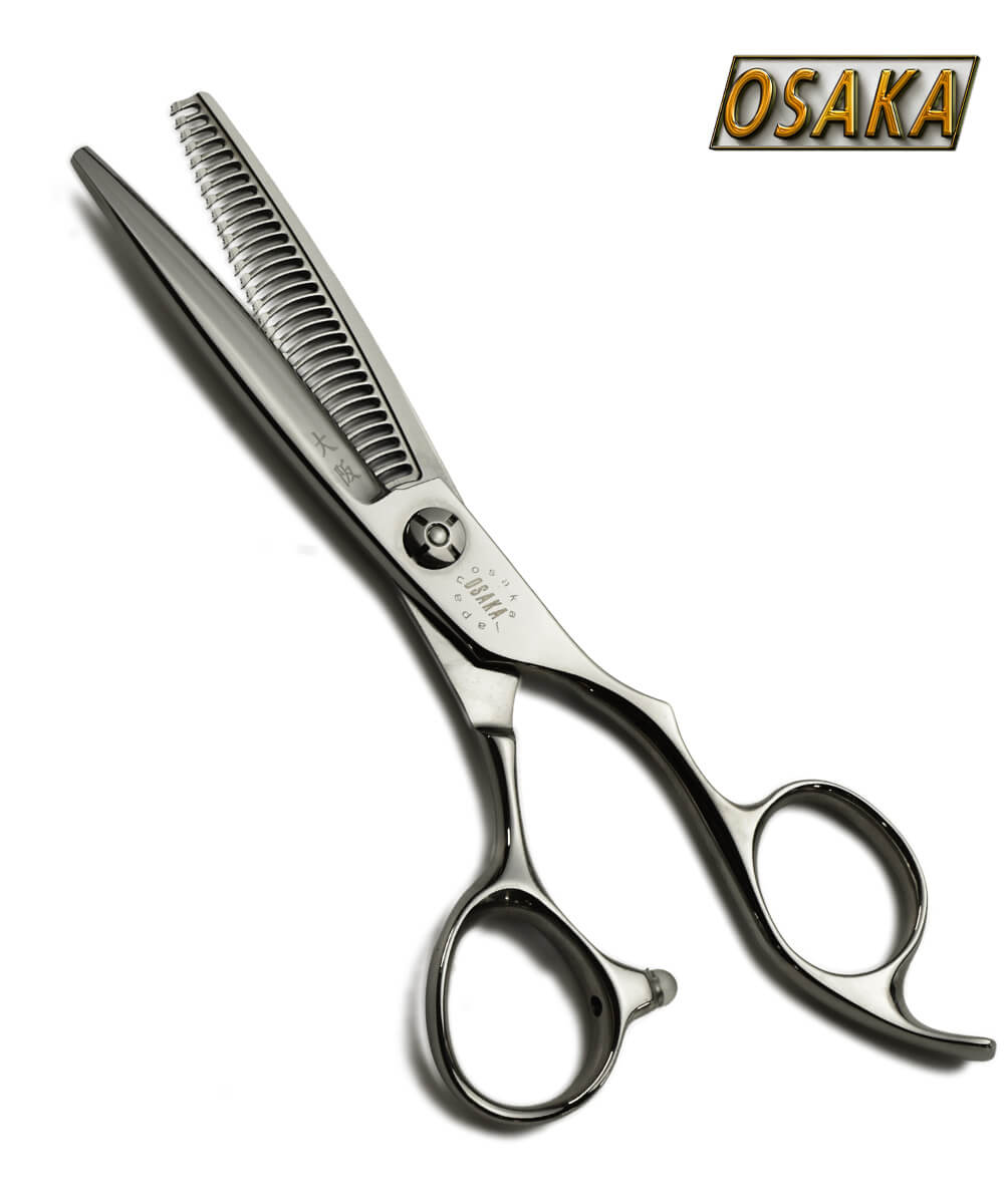 Ciseaux sculpteurs OSAKA CLX 30 dents pour effilage précis, manche ergonomique et design professionnel pour coiffeurs exigeants.