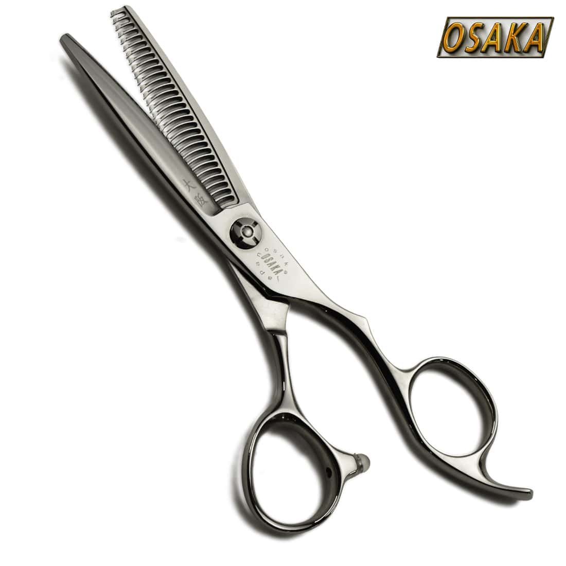 Ciseaux sculpteurs OSAKA CLX 30 dents pour effilage précis, manche ergonomique et design professionnel pour coiffeurs exigeants.