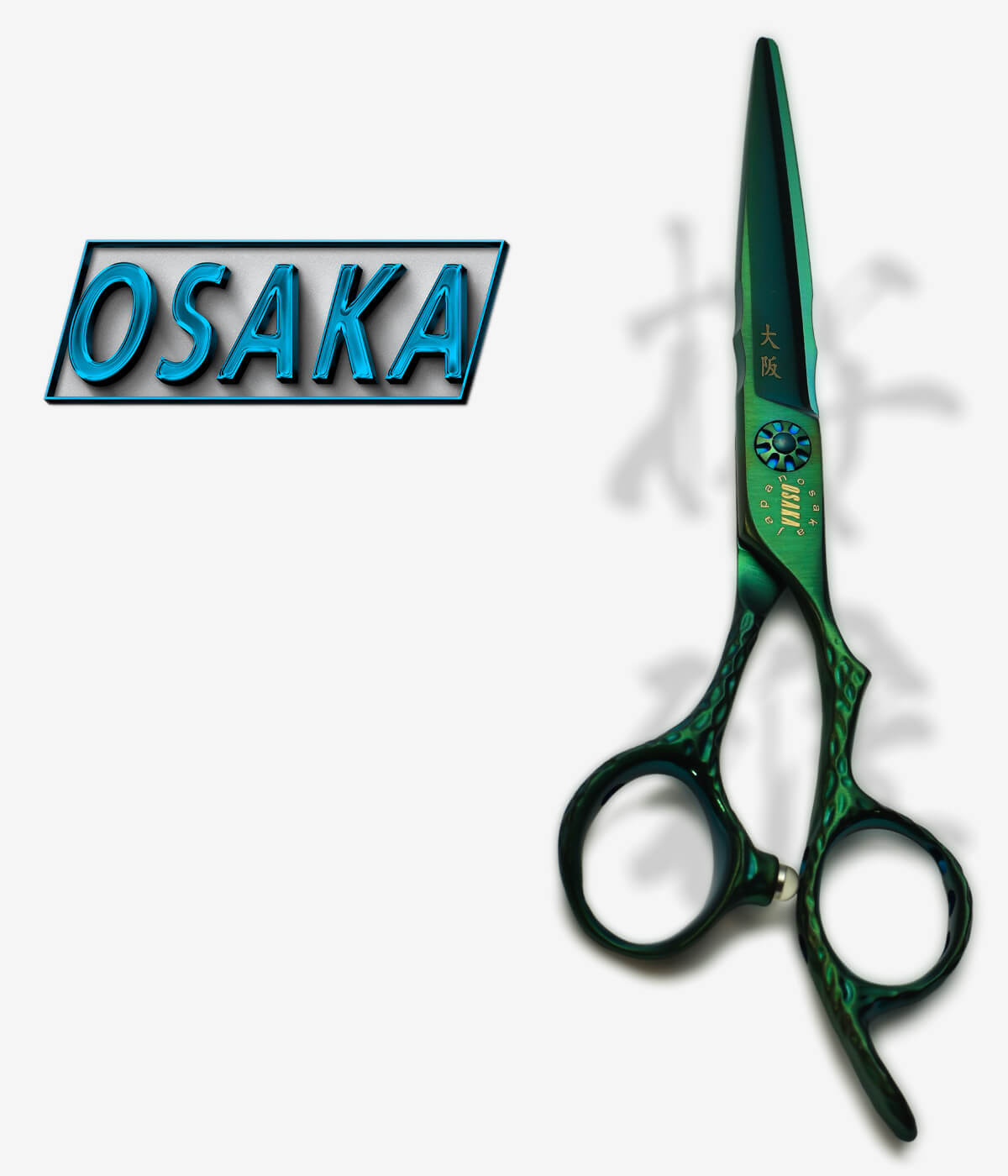 ciseaux de coiffure japonais osaka vert aosen, avec un logo osaka bleu sur la gauche