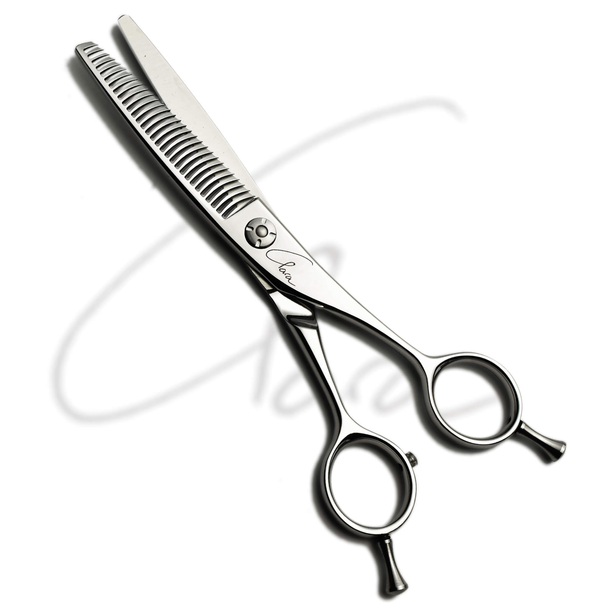 Ciseaux sculpteurs Osaka Fade Series en finition acier brillant, avec dents régulières pour une texturisation progressive et un manche symétrique muni de repose-doigts élargis, conçus pour l'effilage précis et les fondus de coupe.