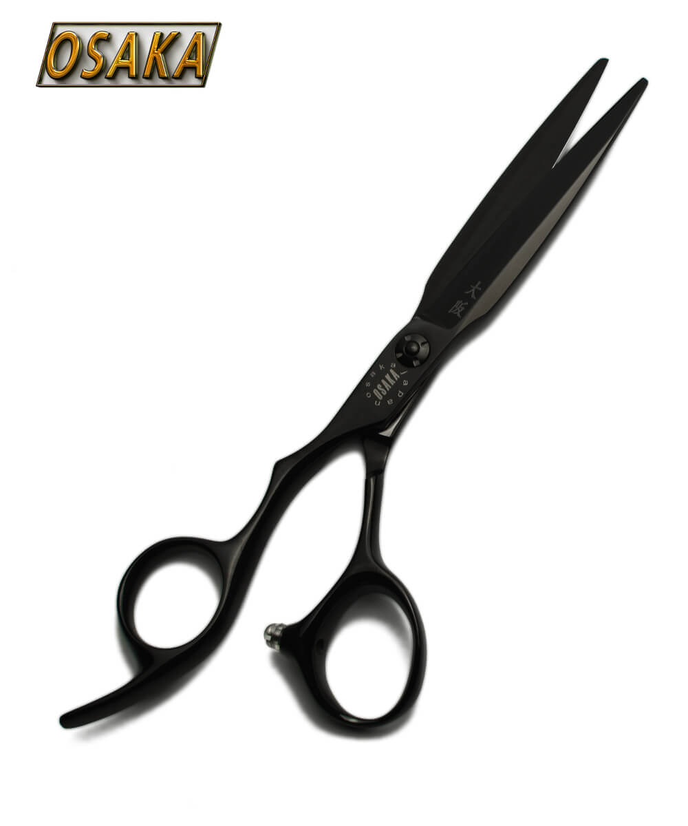 Ciseaux de coiffure gauchers OSAKA HADES – finition noire mate, lame droite japonaise et manche ergonomique courbé avec repose-doigt allongé