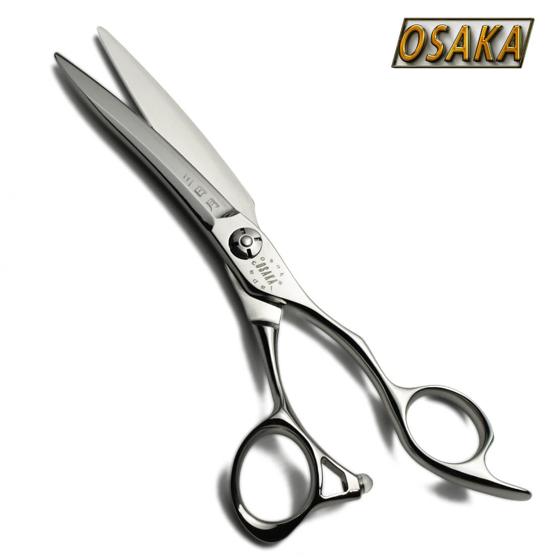 Ciseaux de coiffure professionnels OSAKA Mikazuki – lame courbe signature et manche ergonomique sculpté pour une précision optimale.