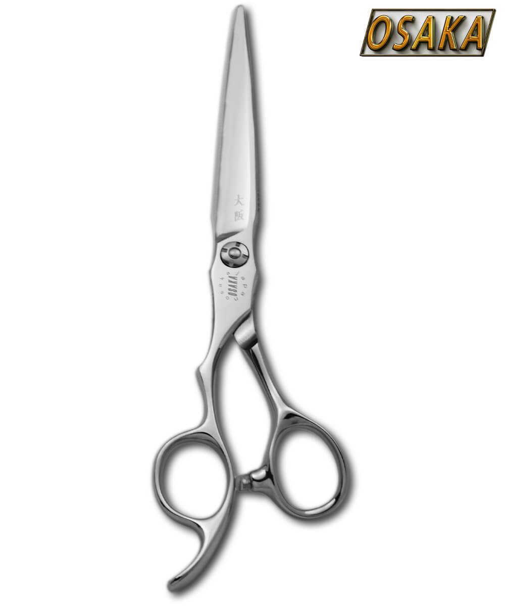 Ciseaux de coiffure OSAKA MTL gauchers – lame droite en acier poli, vis discrète et manche ergonomique inversé avec repose-doigt courbé