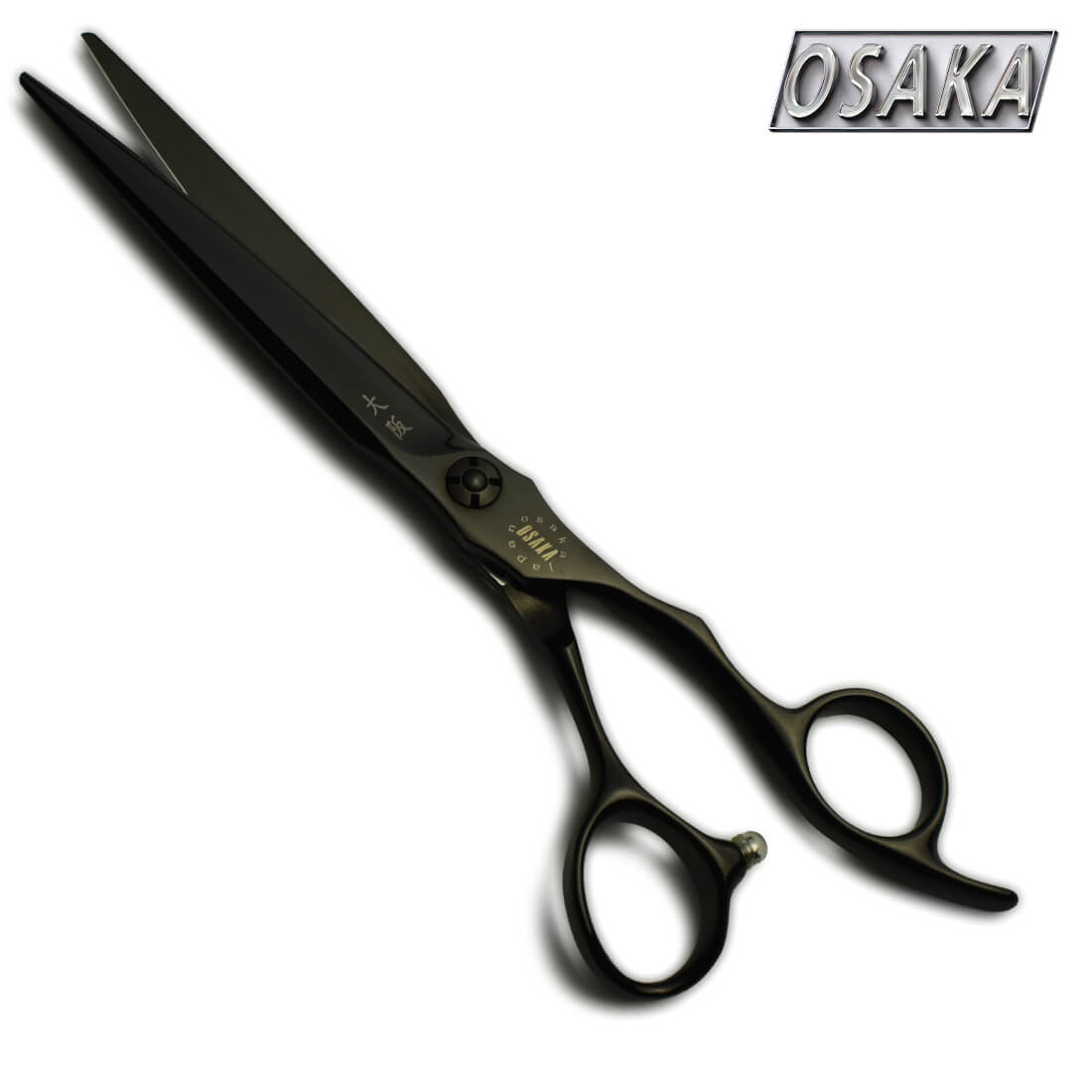 Ciseaux de coiffure OSAKA MT Noir – lame droite en finition noire mate, vis design et manche ergonomique avec repose-doigt incurvé
