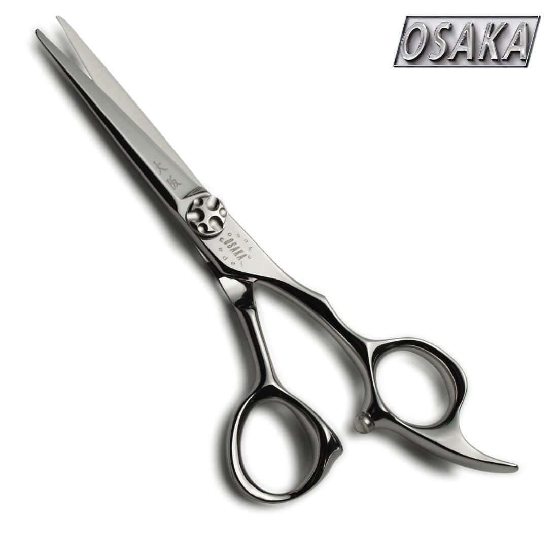 Ciseaux de coiffure professionnels OSAKA TENKAI en acier japonais, dotés d’une vis centrale texturée signature et d’un manche ergonomique ajouré avec repose-doigt incurvé pour un confort optimal en salon.