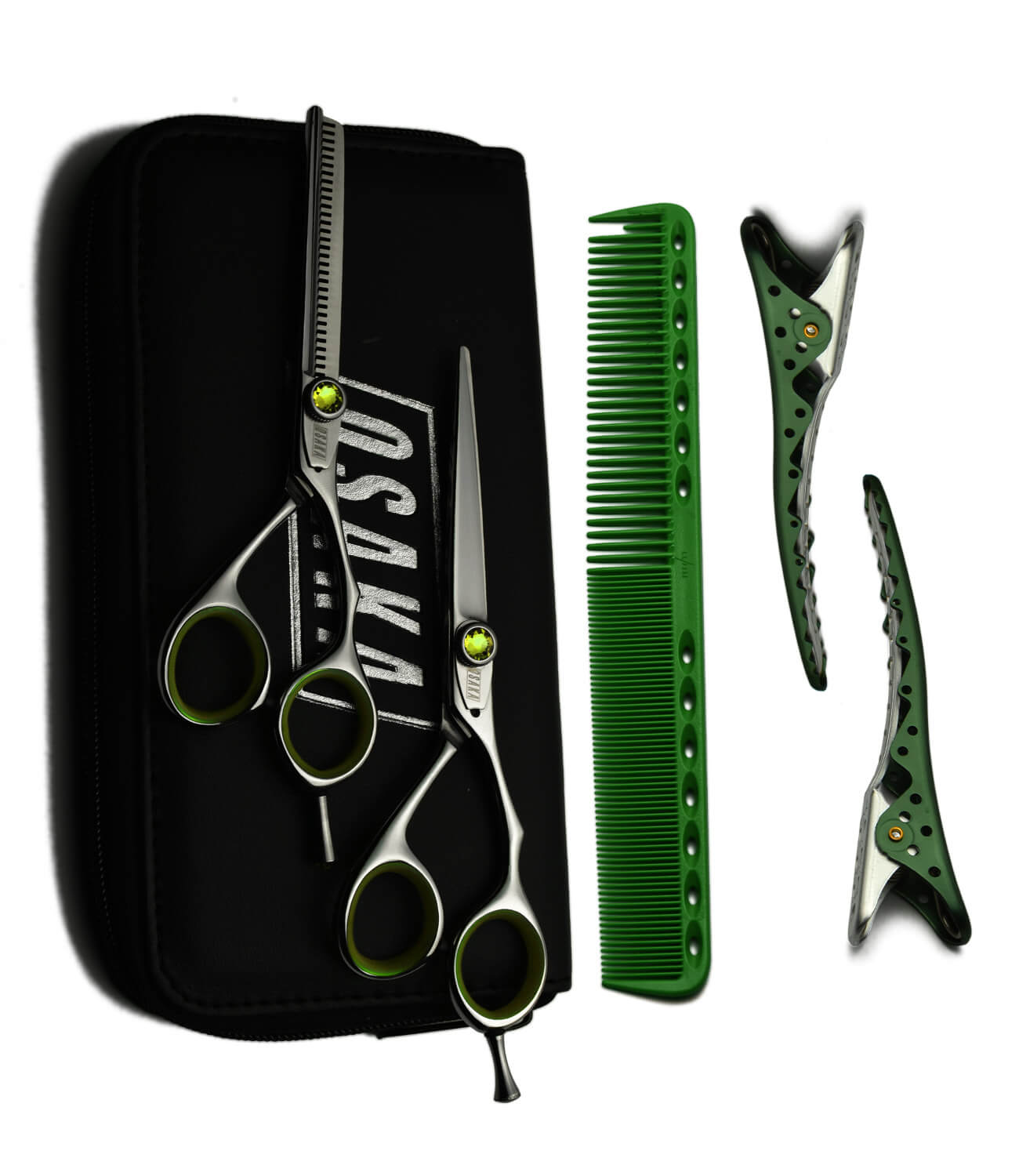 pack de ciseaux osaka pour apprentis en coiffure composé des ciseaux osaka A7 et A740 ainsi que des peignes YSPARK 339 vertet des pinces SHARK vert clair