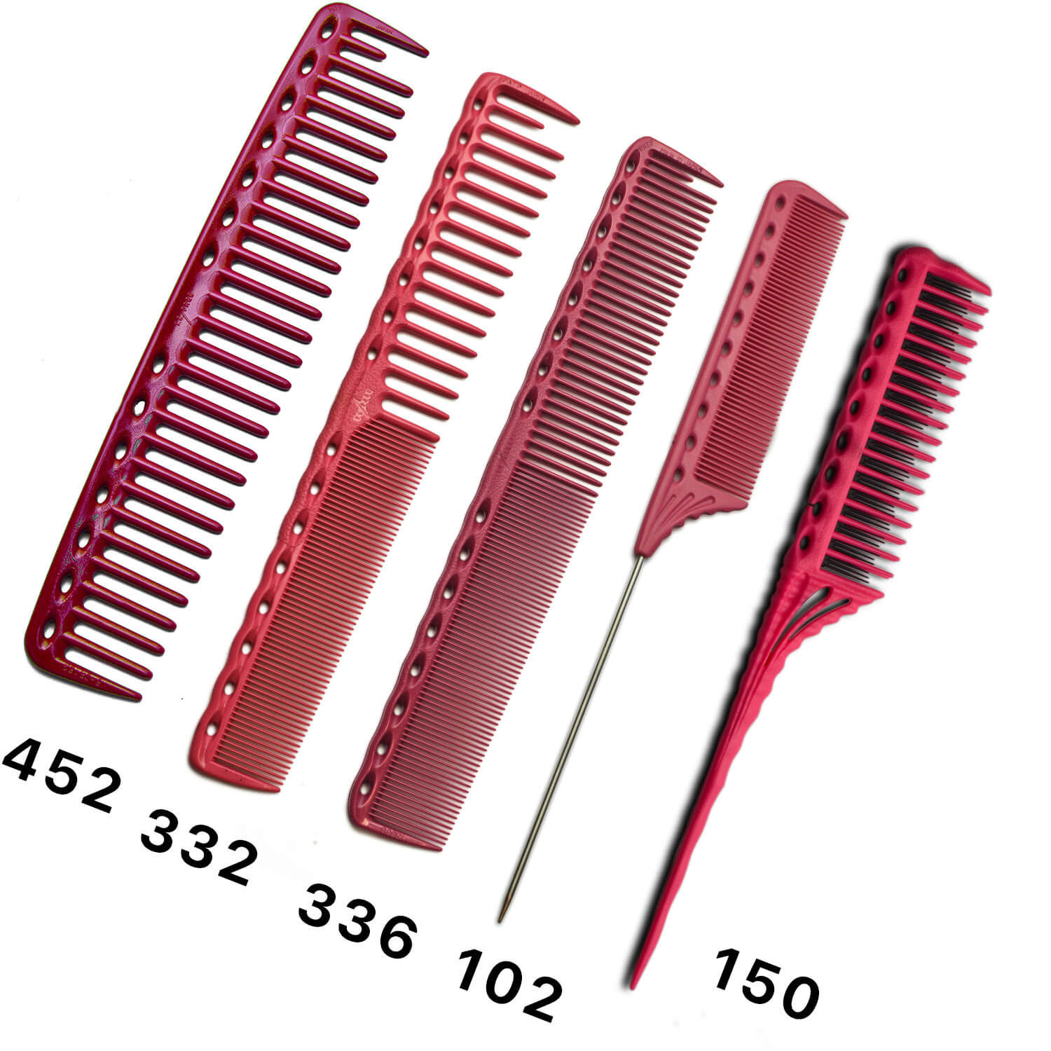 Kit de cinq peignes Y.S.PARK rose framboise alignés sur fond blanc, avec les modèles YS-452, YS-332, YS-336, YS-102 et YS-150, chacun dédié à un usage spécifique en coiffure professionnelle : coupe, précision, séparation et crêpage.