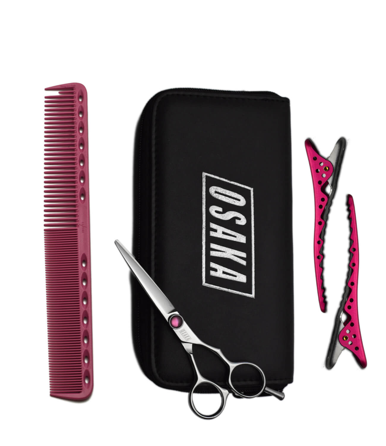 pack spécial des ciseaux OSAKA composé des ciseaux droits OSAKA B1 avec une visserie rose, un duo de pince YSPARK SHARK rose ainsi qu'un peigne de coupe YSPARK 339 rose.