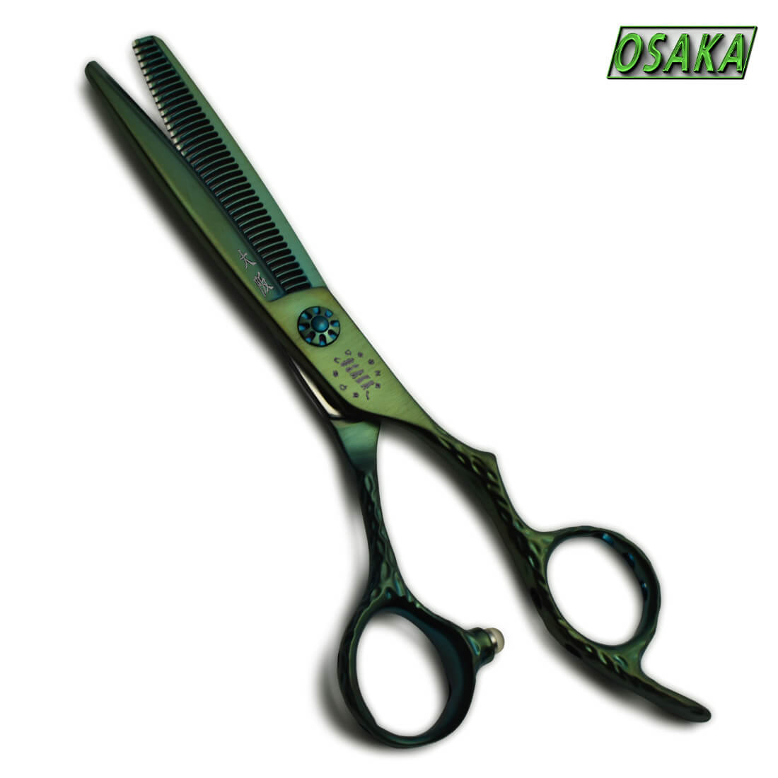 Ciseaux de coiffure texturants OSAKA Aosen 40 dents – design martelé vert foncé irisé, manche ergonomique et vis bleue pour réglage de tension