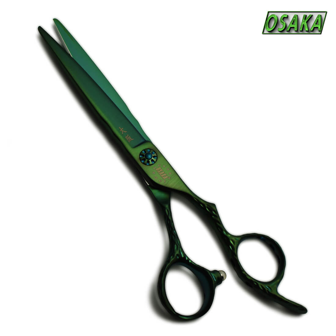 Ciseaux professionnels OSAKA Aosen avec lame droite épaisse, design martelé et revêtement vert irisé anti-reflet – ergonomie et style japonais
