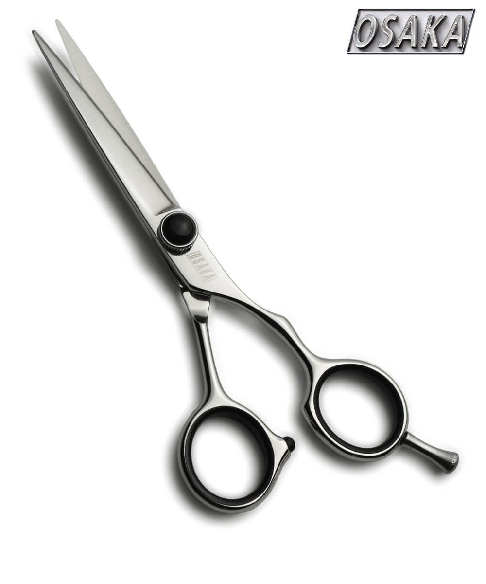 Ciseaux professionnels OSAKA B1 – lame droite fine, vis noire discrète et manche ergonomique symétrique avec repose-doigt intégré