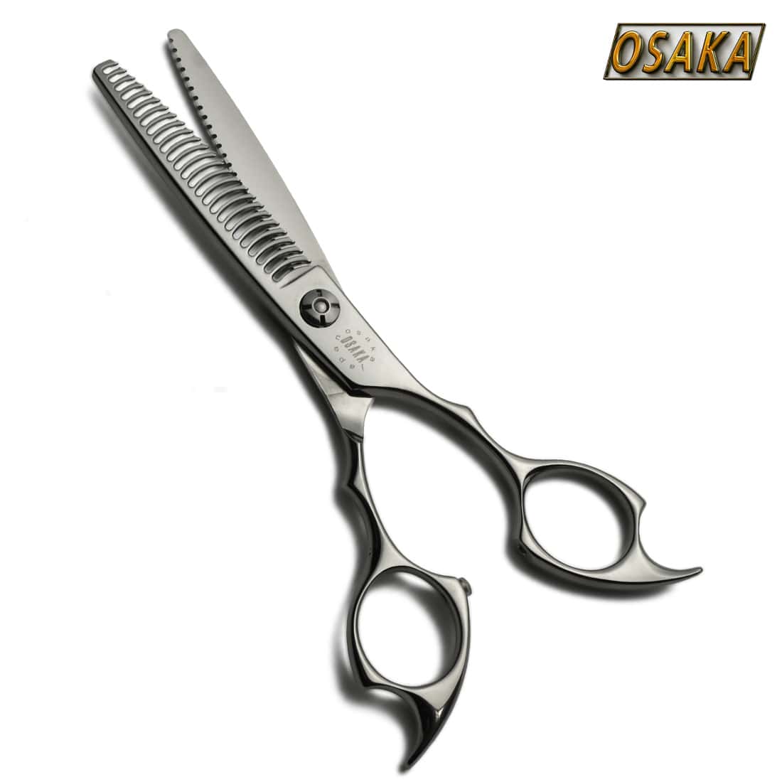 Ciseaux sculpteurs OSAKA CL Duo, avec anneau du pouce ergonomique et 27 dents droites, idéaux pour l'effilage et le texturage précis des cheveux.