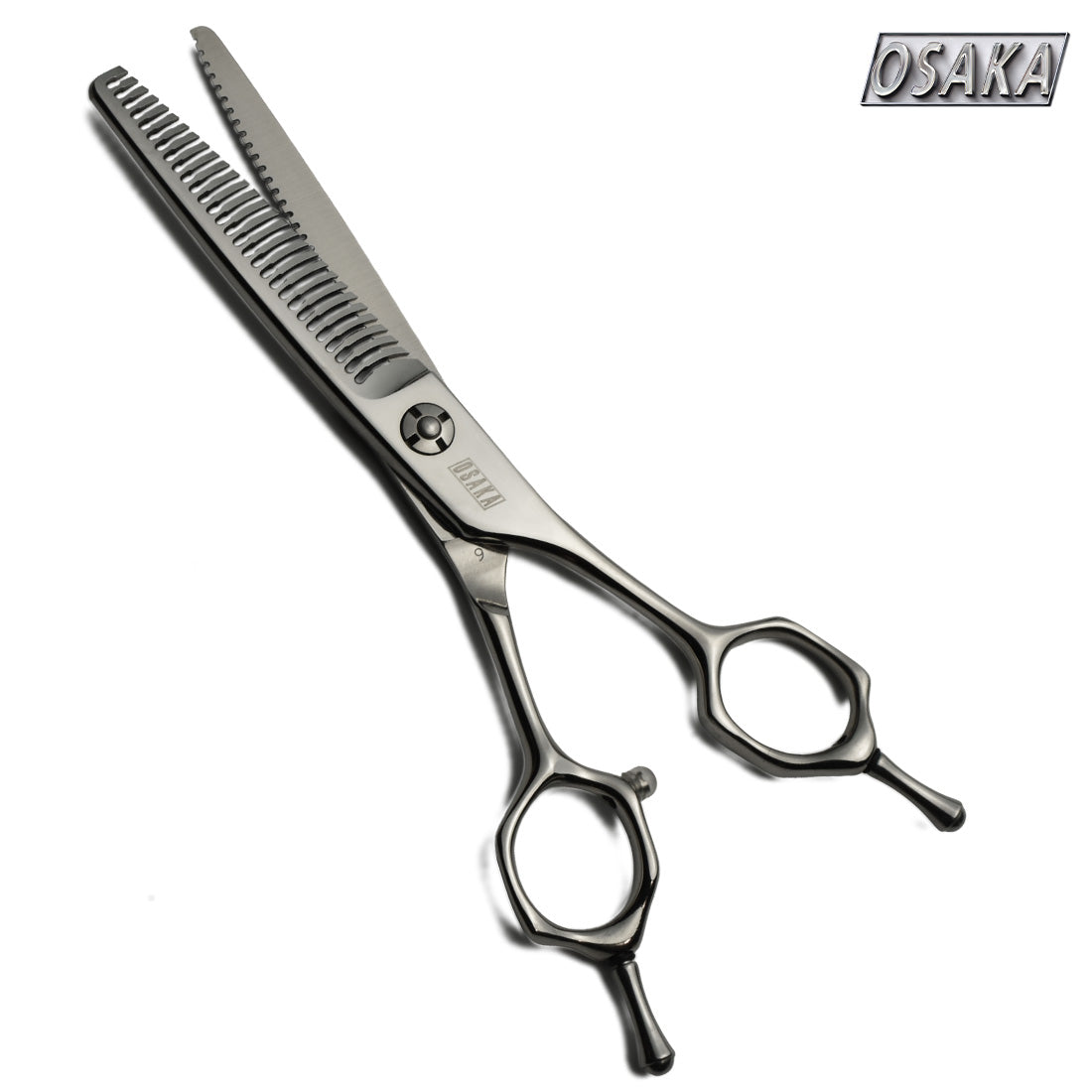 Ciseaux sculpteurs OSAKA CXA 30 dents, manche symétrique et repose-doigt double, pour effiler et texturiser les cheveux avec précision.