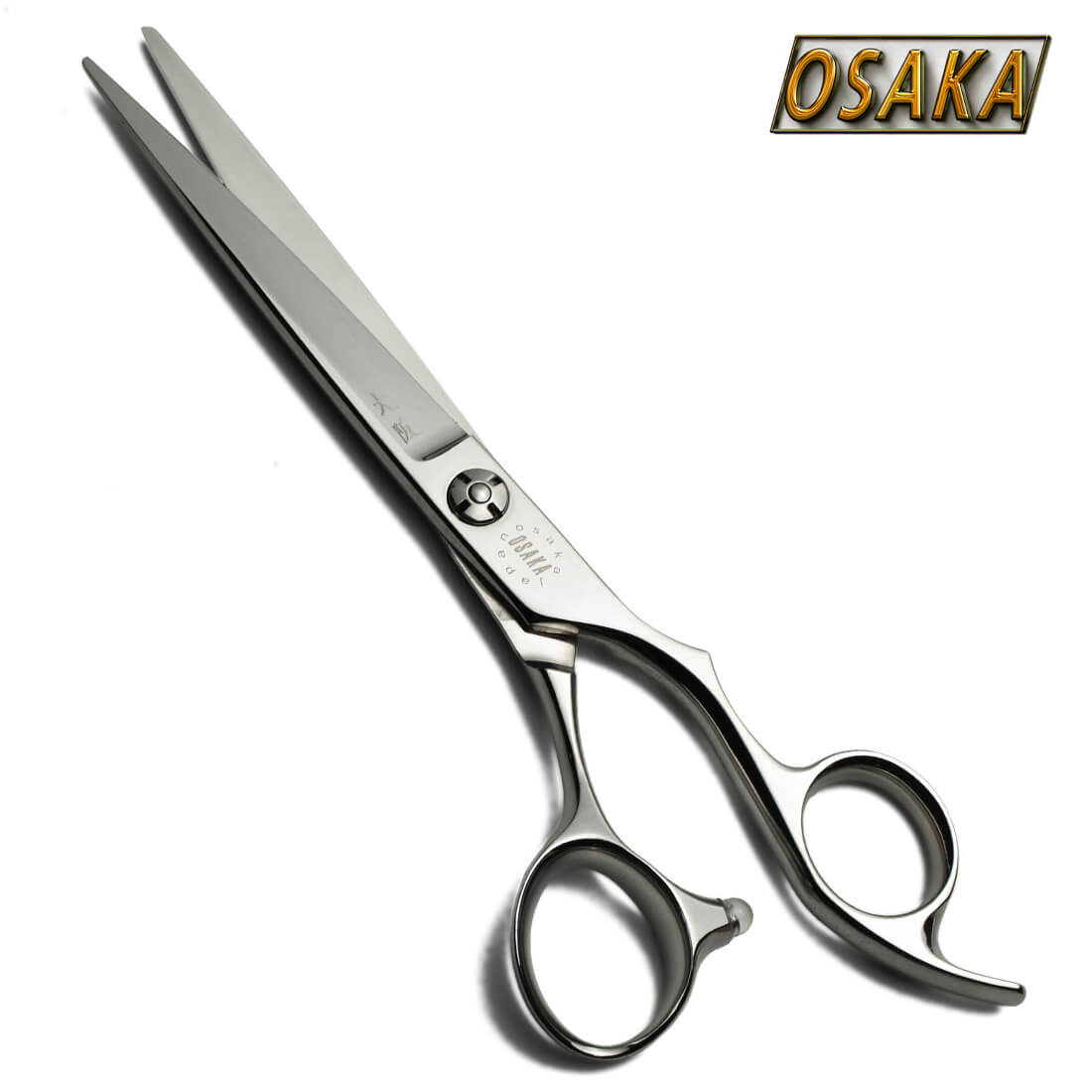 Ciseaux de coiffure professionnels OSAKA FLAT en acier poli, au design minimaliste et ergonomique, conçus pour une coupe droite précise.