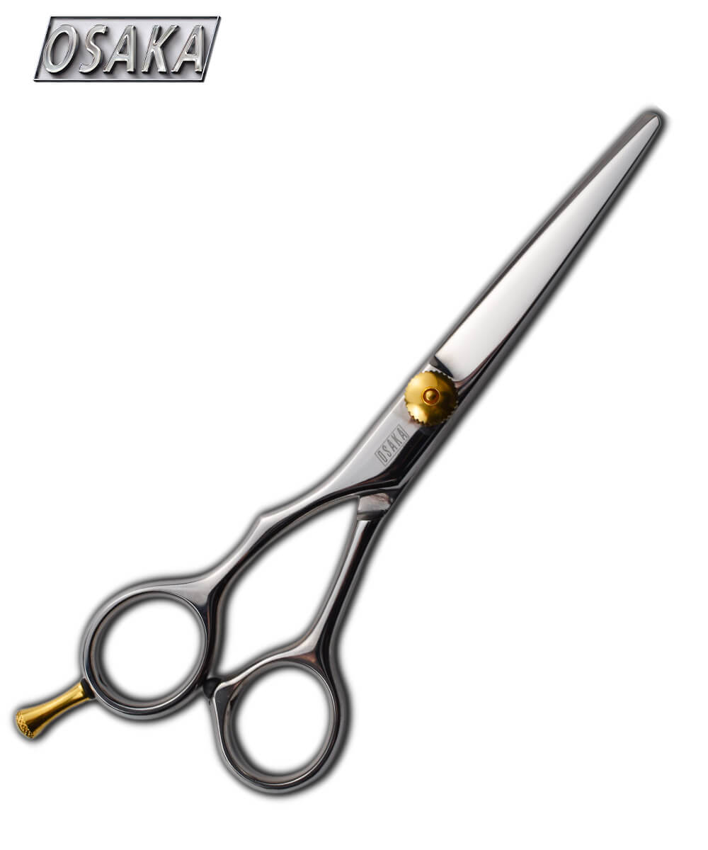 Paire de ciseaux OSAKA Série L en cobalt, finition vis dorée et repose-doigt doré, avec lame droite et manche classique, pour une coupe précise et durable en salon de coiffure.