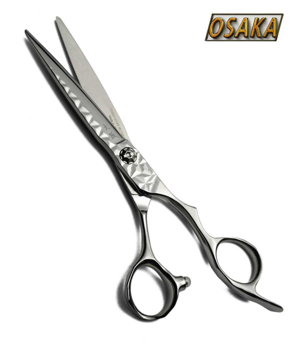 Ciseaux de coiffure OSAKA GEODE – lame droite japonaise, finition martelée, vis décorative et manche ergonomique inversé pour gaucher