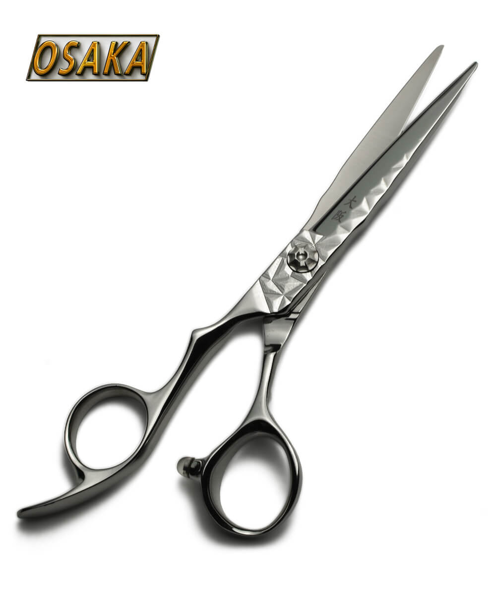 Ciseaux de coiffure OSAKA GEODE gaucher – lame droite japonaise, finition martelée, vis décorative et manche ergonomique inversé pour gaucher