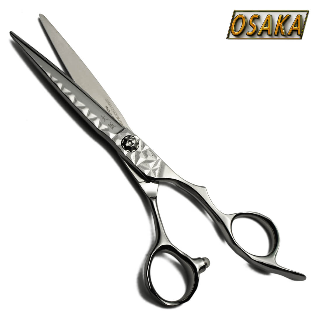 Ciseaux de coiffure OSAKA GEODE – lame droite japonaise, finition martelée, vis décorative et manche ergonomique inversé pour gaucher
