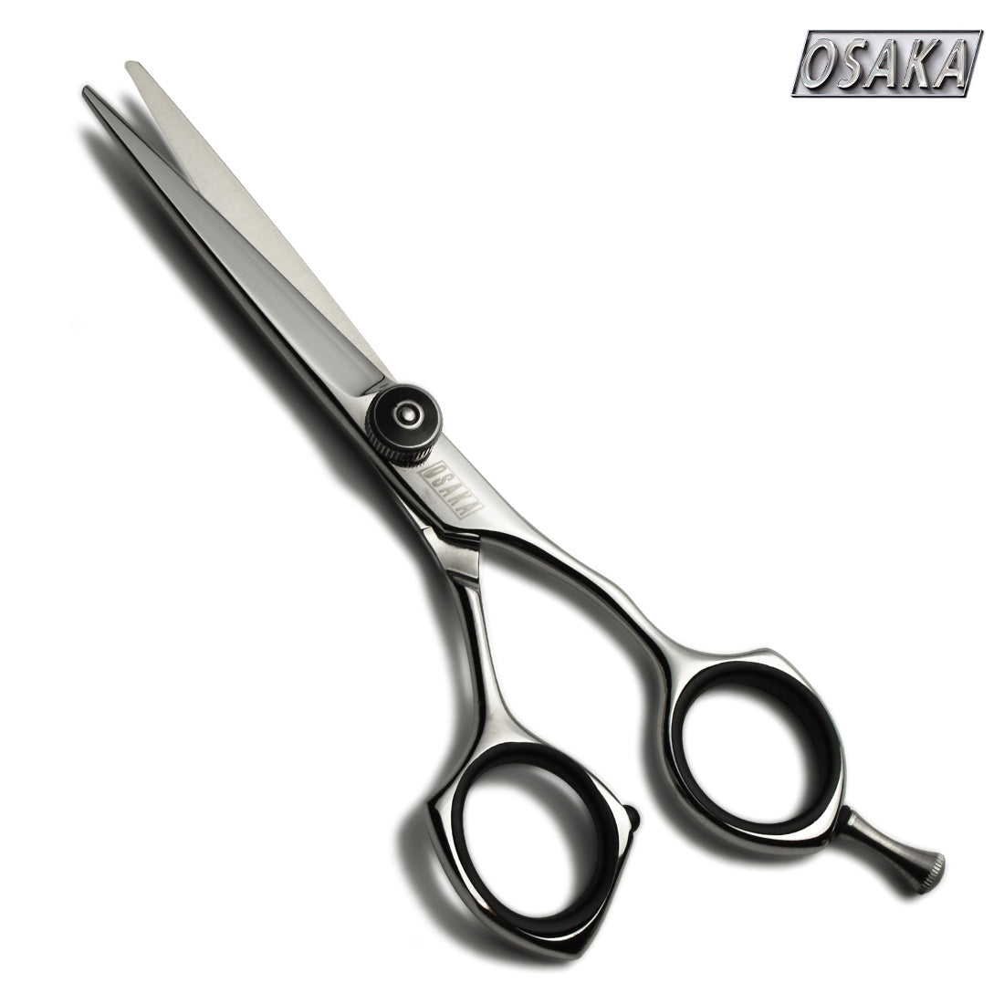 Ciseaux de coiffure OSAKA GOLD en acier japonais, finition polie avec vis noire et repose-doigt droit, modèle droitier professionnel.