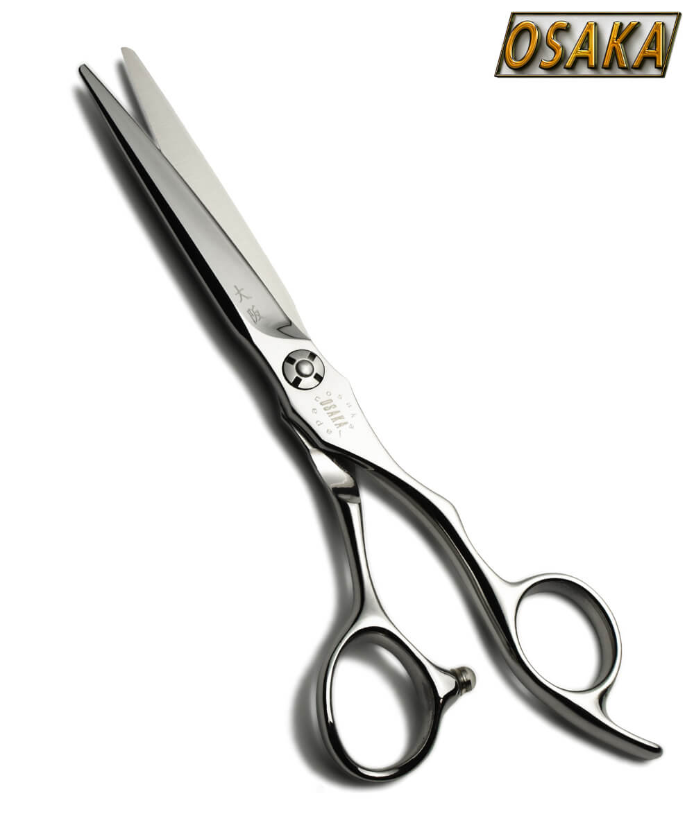Ciseaux de coiffure OSAKA MT – lame droite japonaise en acier poli, vis design et manche ergonomique avec repose-doigt courbé