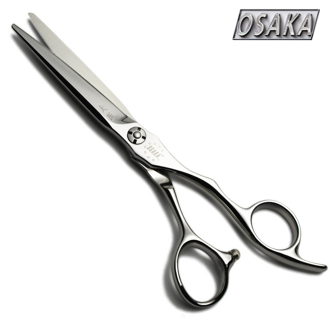 Ciseaux de coiffure OSAKA MT – lame droite japonaise en acier poli, vis design et manche ergonomique avec repose-doigt courbé