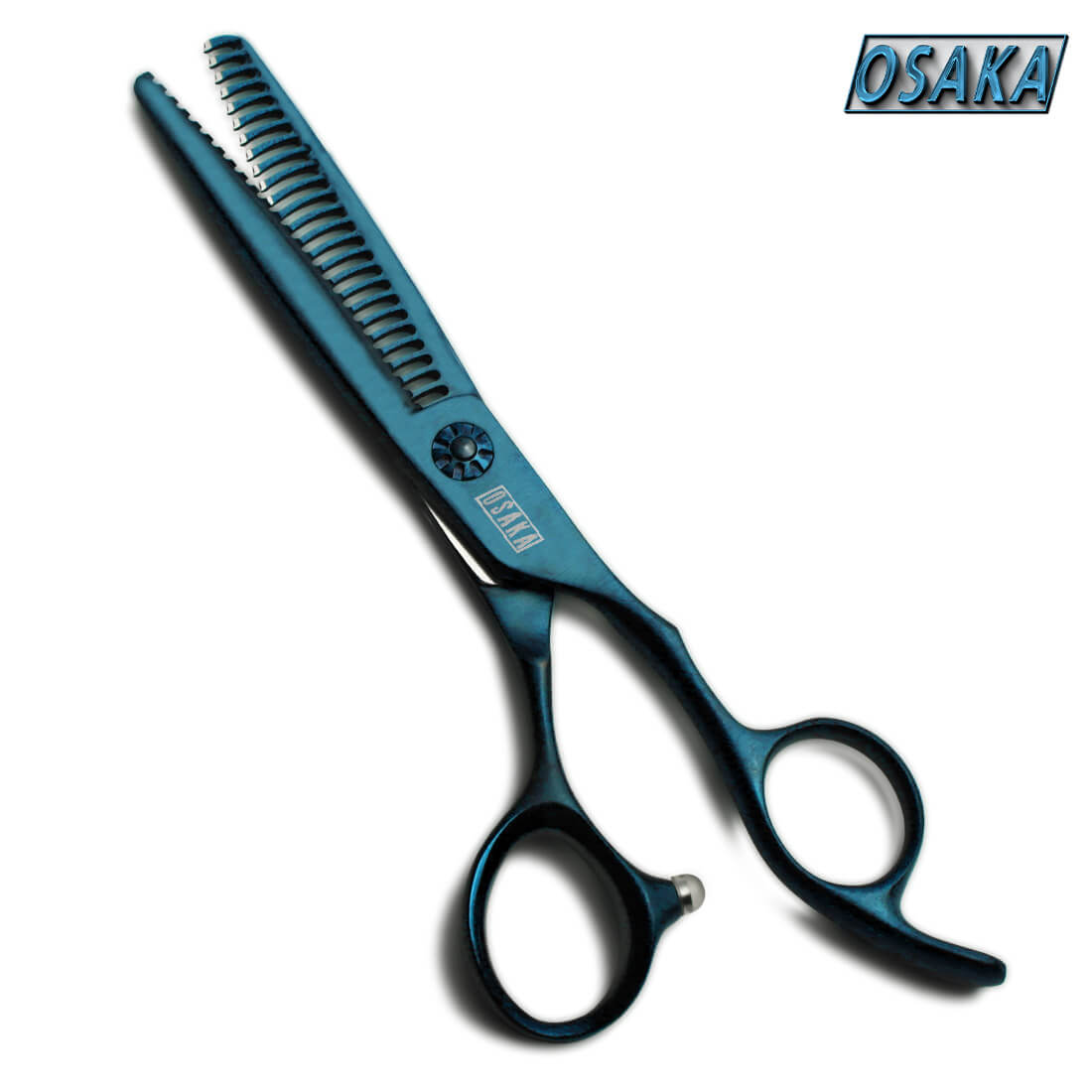 Ciseaux sculpteurs OSAKA SANAGI 25 dents en finition bleue, conçus pour l’effilage et la texturisation précise des cheveux, avec manche ergonomique et vis centrale décorative.