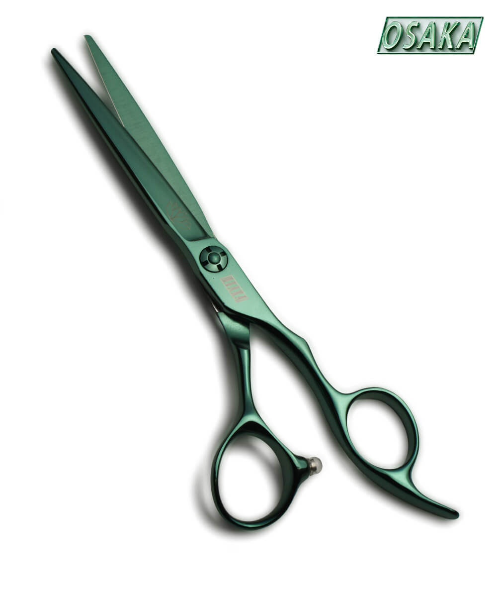 Ciseaux de coiffure OSAKA SUIREN finition verte, lame droite et design ergonomique, idéals pour une coupe précise et professionnelle.