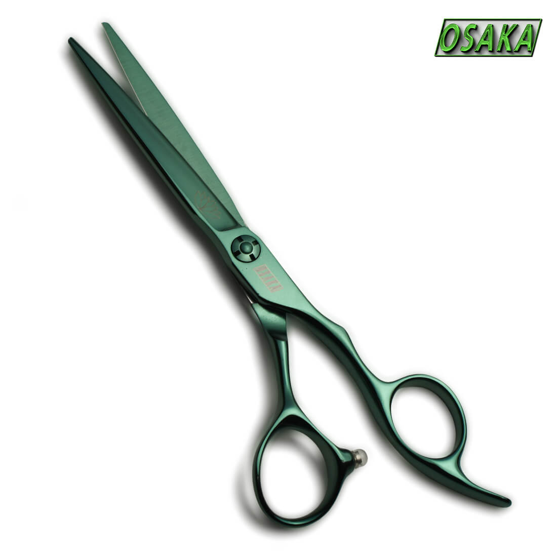 Ciseaux de coiffure OSAKA SUIREN finition verte, lame droite et design ergonomique, idéals pour une coupe précise et professionnelle.