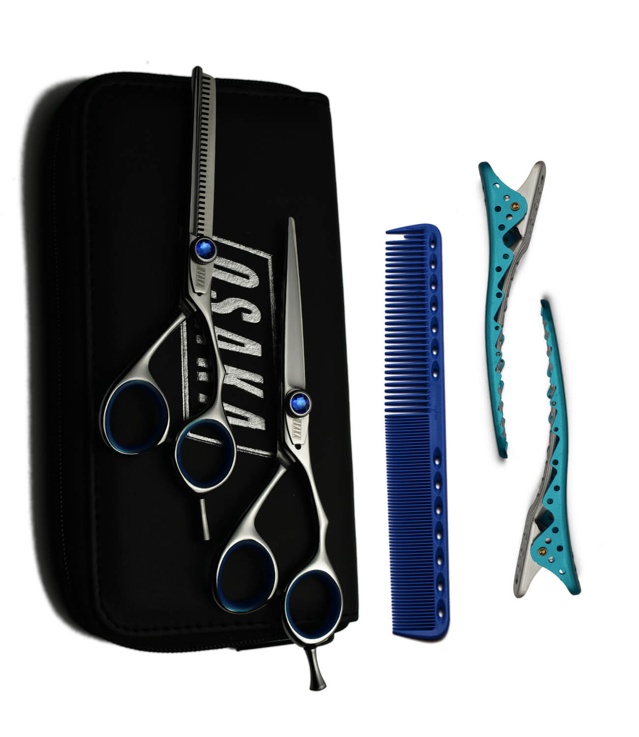 pack de ciseaux osaka pour apprentis en coiffure composé des ciseaux osaka A7 et A740 ainsi que des peignes YSPARK 339 bleu et des pinces SHARK bleue