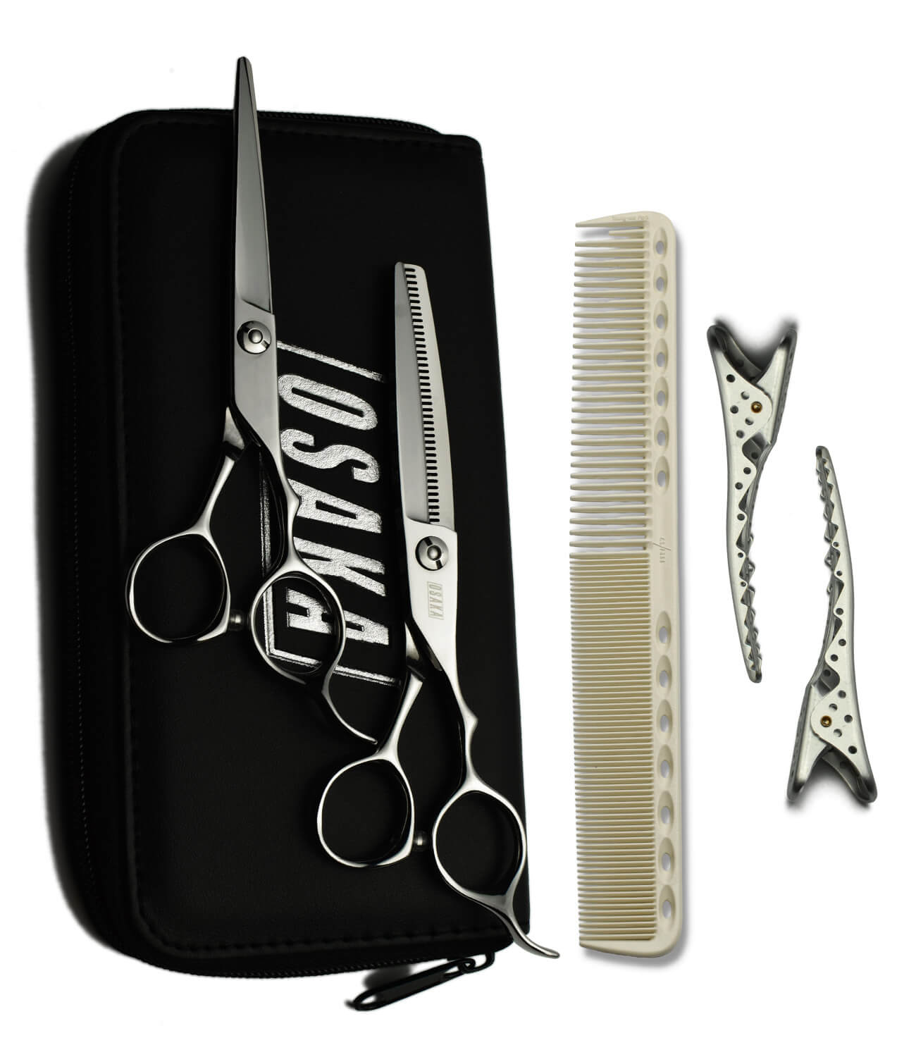 pack de ciseaux osaka pour apprentis en coiffure composé des ciseaux osaka GX et GX40 ainsi que des peignes YSPARK 339 blanc et des pinces SHARK Blanc