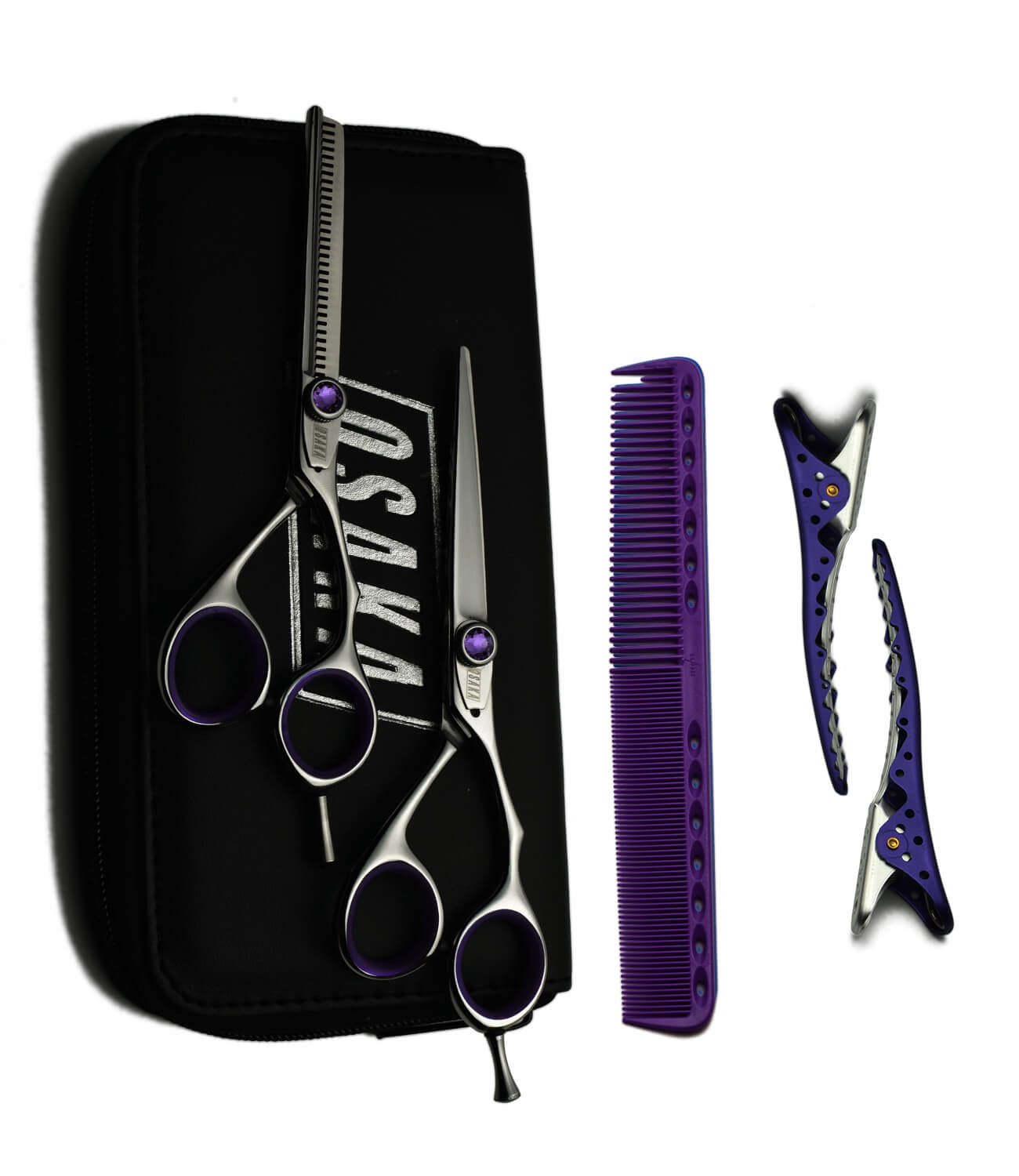 pack de ciseaux osaka pour apprentis en coiffure composé des ciseaux osaka A7 et A740 ainsi que des peignes YSPARK 339 violet et des pinces SHARK violettes