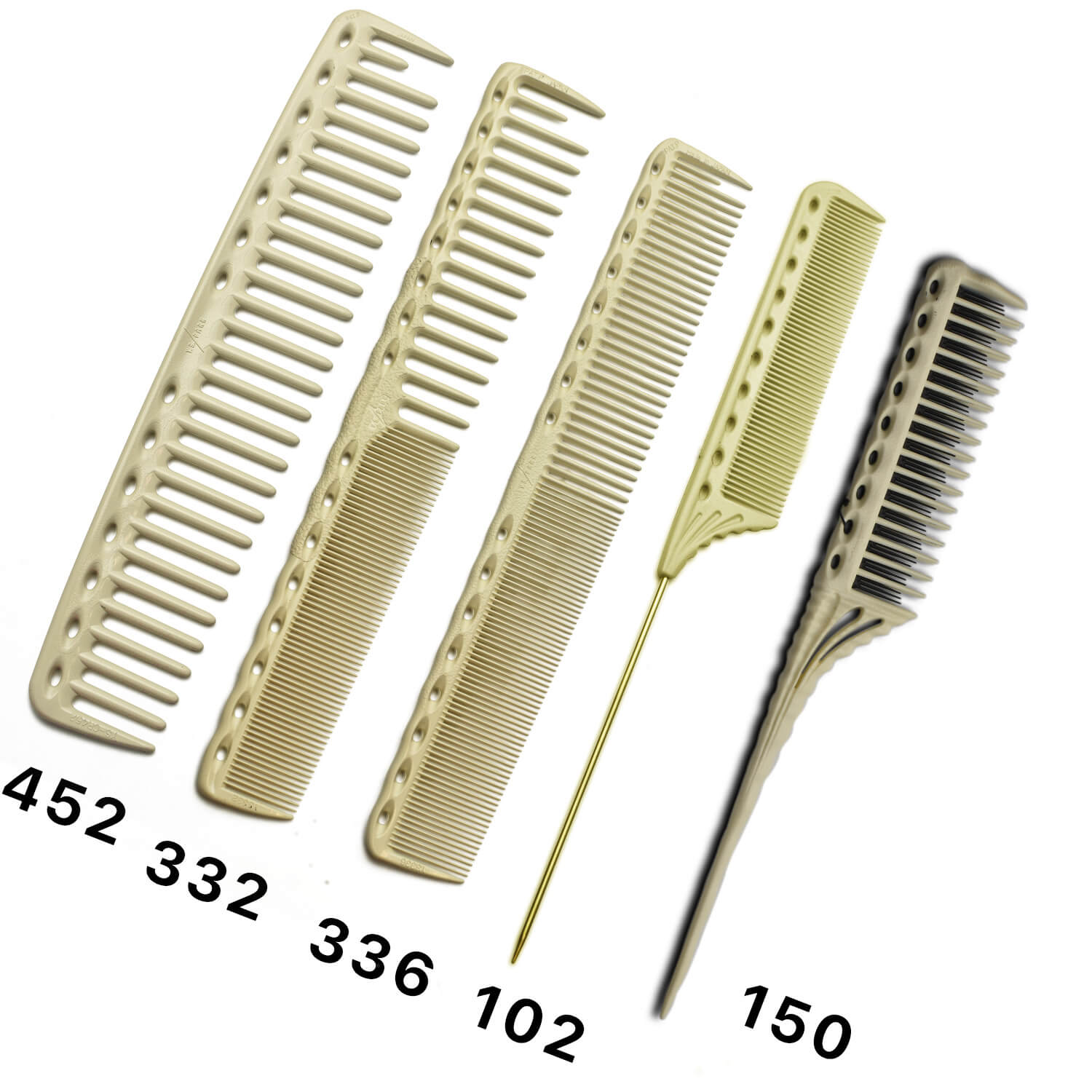 Photo d’un kit de cinq peignes professionnels Y.S.PARK alignés sur fond blanc, comprenant les modèles YS-452, YS-332, YS-336, YS-102 et YS-150, chacun conçu pour une fonction spécifique en coiffure (coupe, précision, crêpage, séparation).