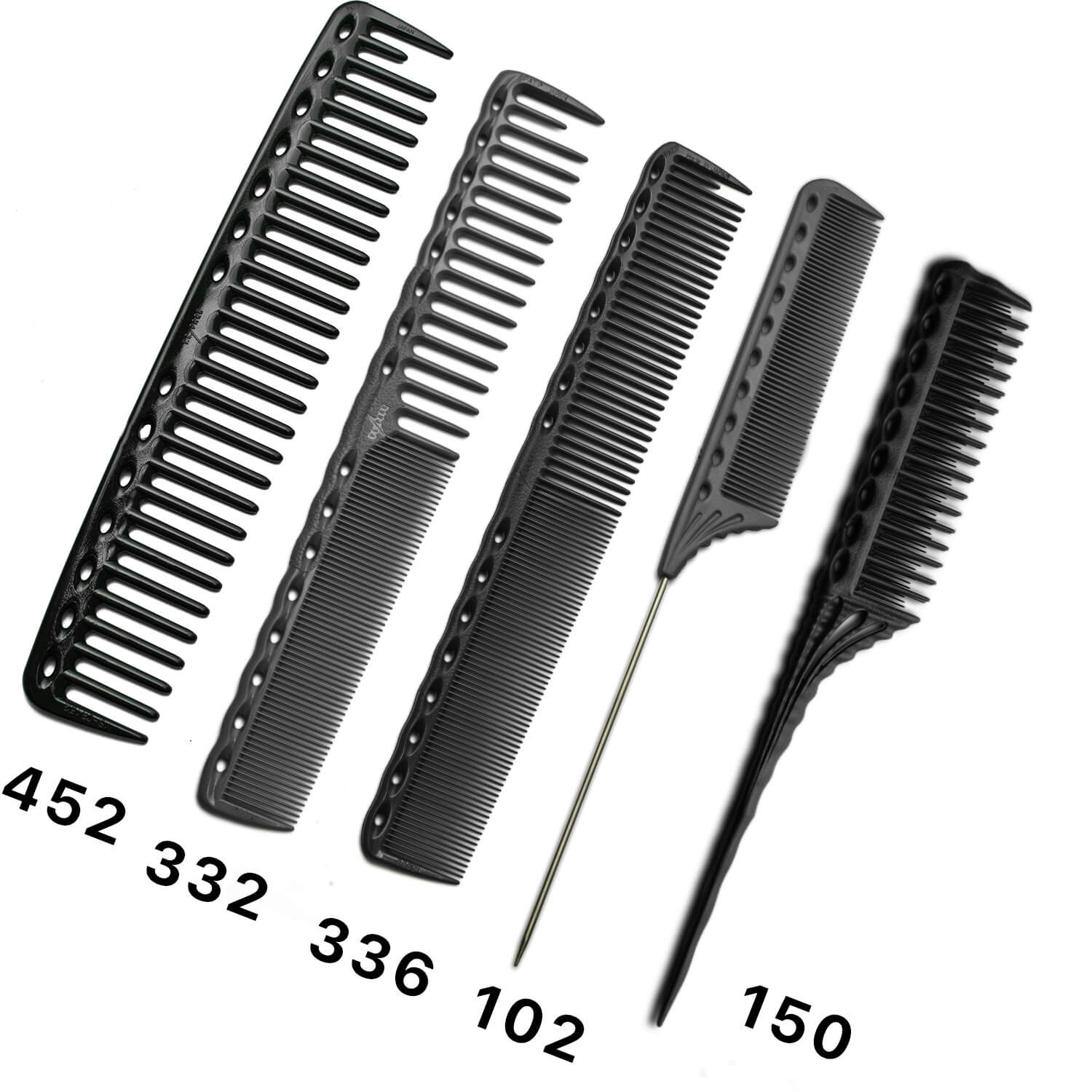 Kit de cinq peignes Y.S.PARK noirs alignés sur fond blanc, incluant les modèles YS-452, YS-332, YS-336, YS-102 et YS-150, conçus pour la coupe, la précision, les séparations et le crêpage en coiffure professionnelle.