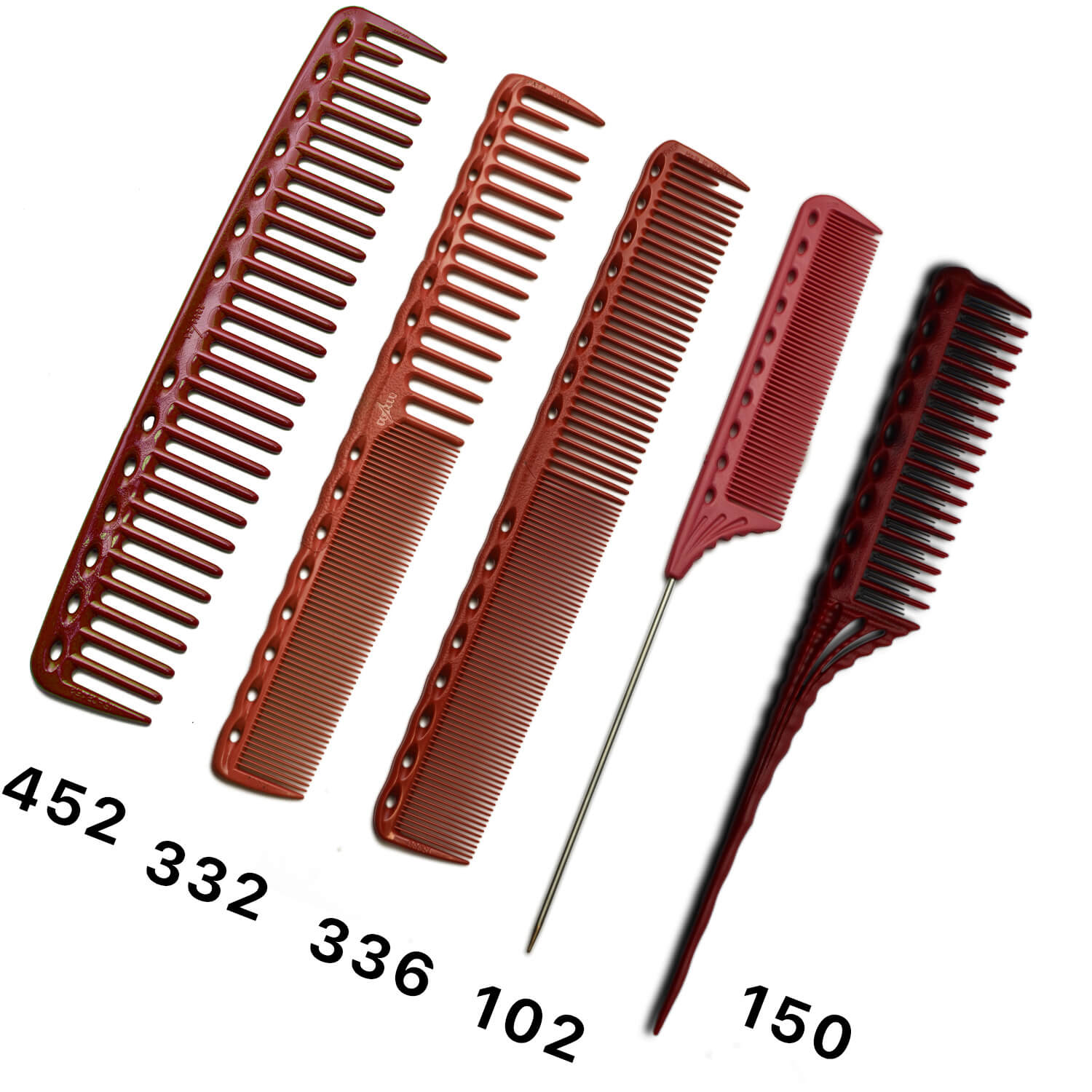 Kit de cinq peignes Y.S.PARK rouges alignés sur fond blanc, comprenant les modèles YS-452, YS-332, YS-336, YS-102 et YS-150, destinés à la coupe, la séparation, le crêpage et les techniques de finition en coiffure professionnelle.