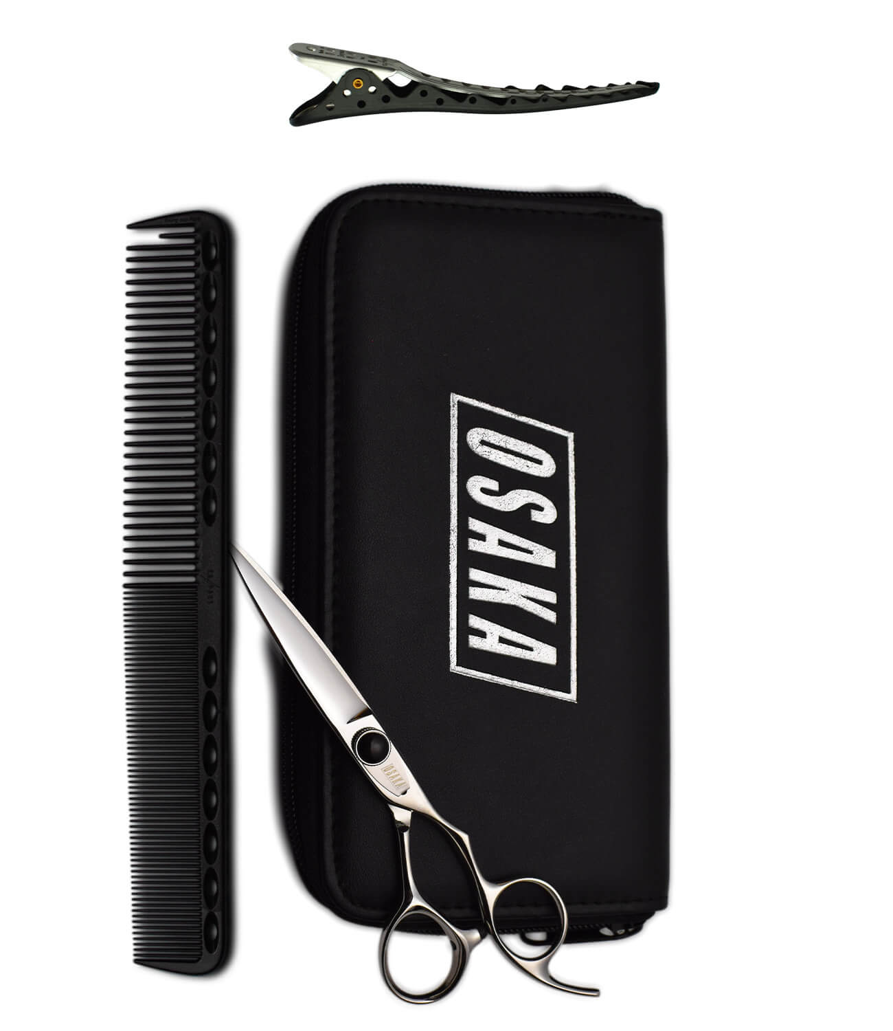pack spécial des ciseaux OSAKA composé des ciseaux droits OSAKA TA avec une visserie noire, un duo de pince YSPARK SHARK noir ainsi qu'un peigne de coupe YSPARK 339 noir . 