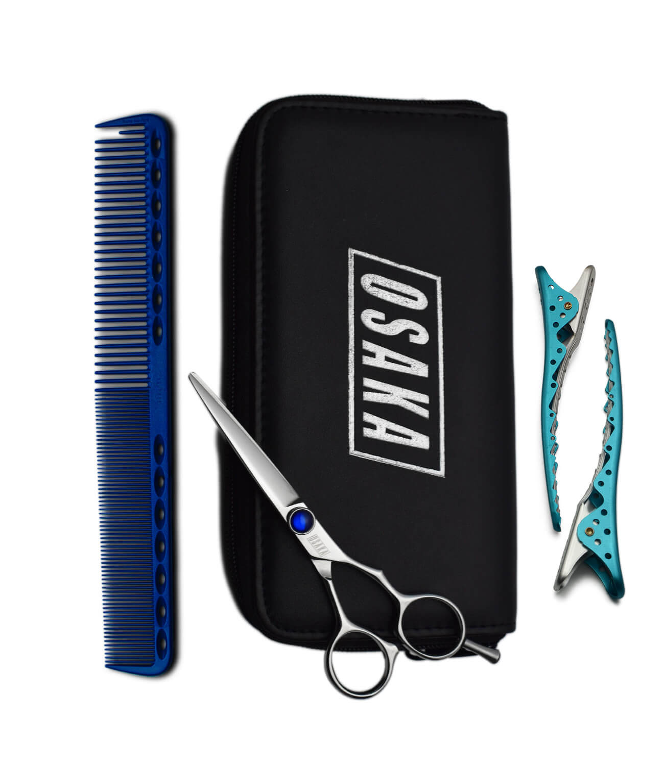 pack spécial des ciseaux OSAKA composé des ciseaux droits OSAKA B1 avec une visserie bleue, un duo de pince YSPARK SHARK Bleus ainsi qu'un peigne de coupe YSPARK 339 bleu nuit. 
