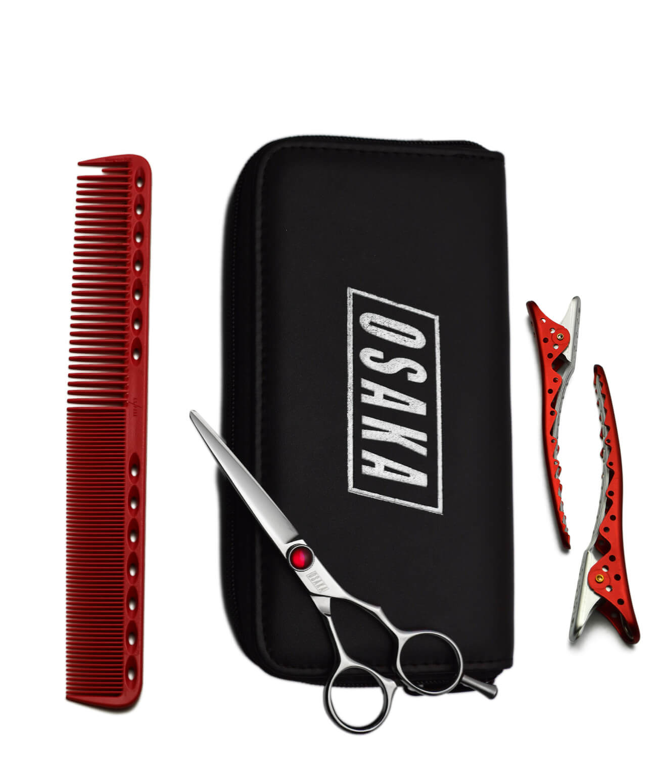 pack spécial des ciseaux OSAKA composé des ciseaux droits OSAKA B1 avec une visserie rouge, un duo de pince YSPARK SHARK rouge ainsi qu'un peigne de coupe YSPARK 339 rouge. 